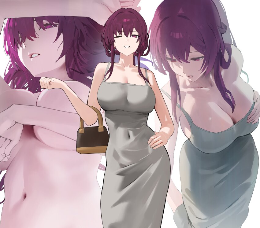 1girl absurdres alternate_costume bag bare_shoulders breasts cleavage collarbone commentary completely_nude covered_navel covering_nipples covering_privates dongtan_dress dress elbow_carry grey_dress hair_between_eyes hand_on_own_chest handbag highres honkai:_star_rail honkai_(series) hood_(james_x) kafka_(honkai:_star_rail) large_breasts looking_at_viewer multiple_views navel nude one_eye_closed parted_lips purple_eyes purple_hair smile stomach tight_clothes tight_dress