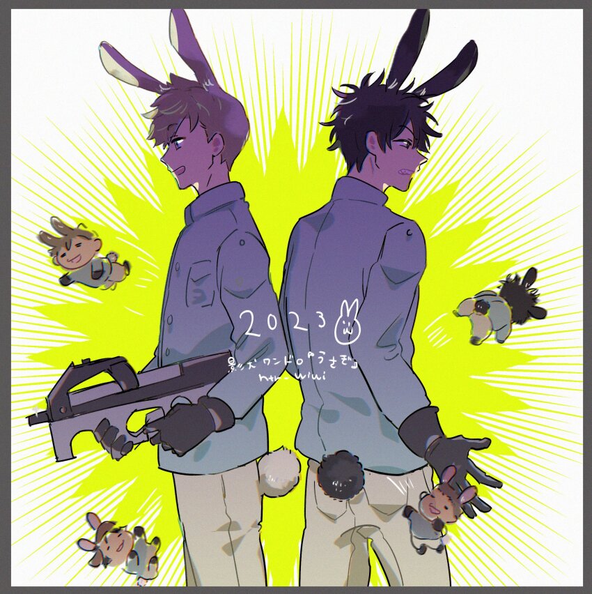 2023 2boys absurdres animal_ears back-to-back black_gloves black_hair blonde_hair border chibi chinese_zodiac clenched_teeth cowboy_shot from_side gloves grey_pants gun highres holding holding_gun holding_weapon htr_wiwi inukai_sumiharu jacket kageura_masato light_brown_hair long_sleeves looking_away male_focus multiple_boys pants profile rabbit_boy rabbit_ears rabbit_tail sharp_teeth short_hair smile spiked_hair tail teeth twitter_username weapon white_jacket world_trigger year_of_the_rabbit