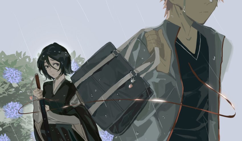 1boy 1girl absurdres bag black_hair black_kimono black_shirt bleach blue_flower crying flower grey_background grey_jacket hair_between_eyes highres holding holding_bag holding_sword holding_weapon jacket japanese_clothes kimono kuchiki_rukia kurosaki_ichigo orange_hair rain shirt short_hair sketch springbloombrew sword tears weapon wet wide_sleeves
