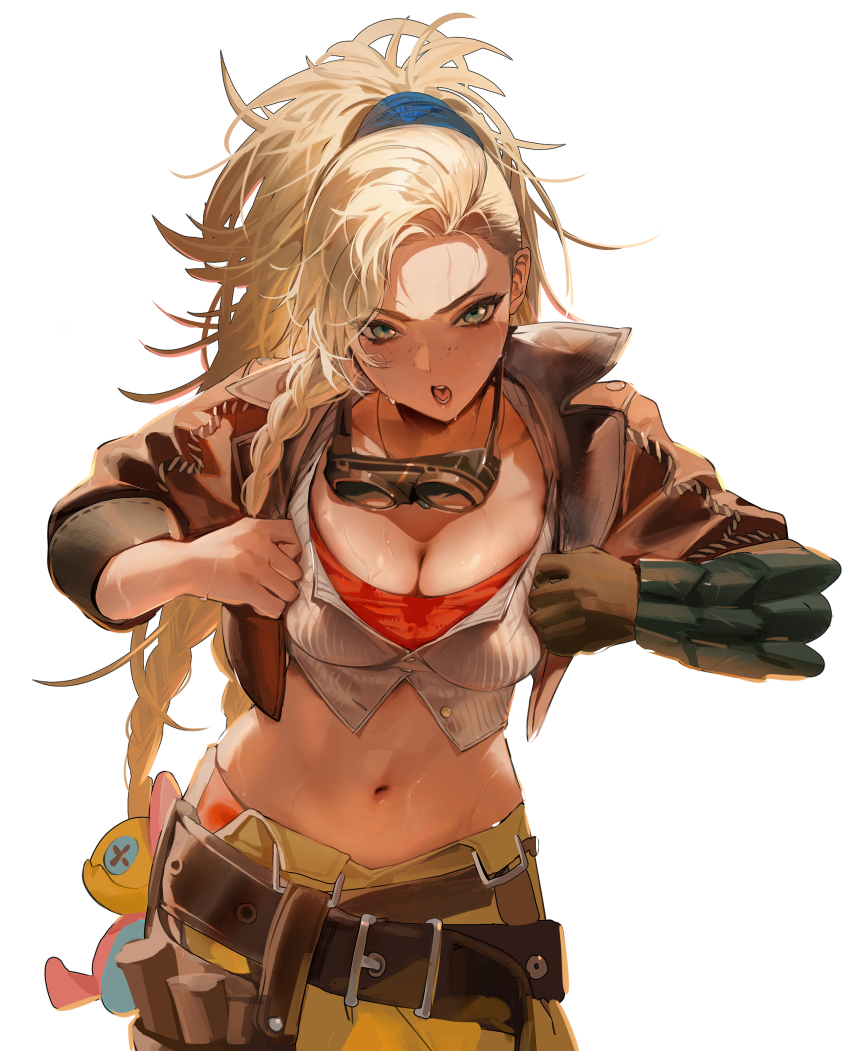 1girl absurdres adjusting_clothes asymmetrical_bangs asymmetrical_hair belt blonde_hair blue_eyes blue_hairband braid braided_sidelock breasts breasts_squeezed_together brown_belt brown_jacket character_doll cleavage commentary cowboy_shot cropped_jacket cropped_shirt forehead freckles gemma_(monster_hunter_wilds) goggles goggles_around_neck hairband highres jacket leather leather_belt leather_jacket long_hair looking_at_viewer mayutsuba_mono medium_breasts meme monster_hunter_(series) monster_hunter_wilds multiple_braids navel next_time_you&#039;re_getting_this_(meme) open_clothes open_jacket open_mouth orange_tube_top pants ponytail ribbed_shirt shirt simple_background single_bracer solo standing stomach strapless stuffed_animal stuffed_toy sweat tool_belt tube_top v-shaped_eyebrows white_background white_shirt yellow_pants yian_kut-ku