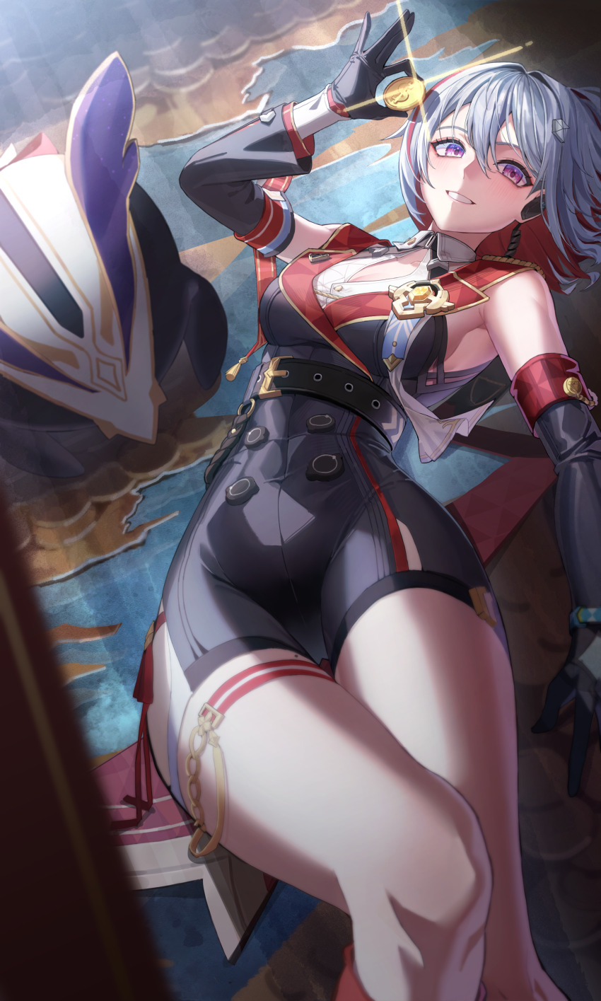 1girl absurdres armpits asymmetrical_gloves belt black_belt black_gloves black_unitard blush breasts cleavage clenched_teeth coin colored_inner_hair cyry3732 earpiece gloves gold_coin grey_hair hand_up highres holding holding_coin honkai:_star_rail honkai_(series) looking_at_viewer lying medium_breasts mole mole_on_thigh multicolored_hair numby_(honkai:_star_rail) on_back purple_eyes red_hair short_hair solo streaked_hair teeth thigh_gap thigh_strap thighs topaz_(honkai:_star_rail) trotter_(honkai:_star_rail) uneven_gloves