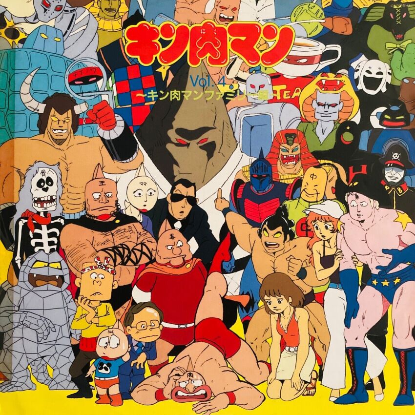 3girls 6+boys akuma_shogun alexandria_meat android armor atlantis_(kinnikuman) biceps black_hole_(kinnikuman) brocken_jr. buffaloman cape character_request clenched_hand crushman_(kinnikuman) evil_smile faceless highres junkman_(kinnikuman) kinniku_suguru kinnikuman kinnikuman_(character) large_pectorals logo looking_at_another manly mask mister_khamen multiple_boys multiple_girls muscular official_art pectorals planetman_(kinnikuman) red_eyes rikishiman robin_mask smile sneagator_(kinnikuman) stecase_king teapackman terryman the_mountain_(kinnikuman) title wrestling_outfit yellow_background