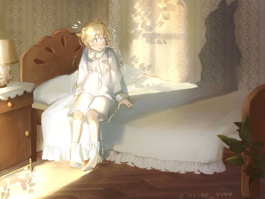 ahoge arte_(evillious_nendaiki) bed bed_sheet collar different_shadow evillious_nendaiki flying_sweatdrops frilled_collar frilled_pajamas frilled_sheets frills gobanme_no_pierrot_(vocaloid) gretel_(evillious_nendaiki) highres lemy_abelard nervous nightstand on_bed pajamas pillow ponytail possessed reincarnation sansan_4444 scared short_ponytail shorts sitting socks surprised trembling twitter_username vocaloid white_pajamas white_shorts white_socks window_shadow wooden_floor