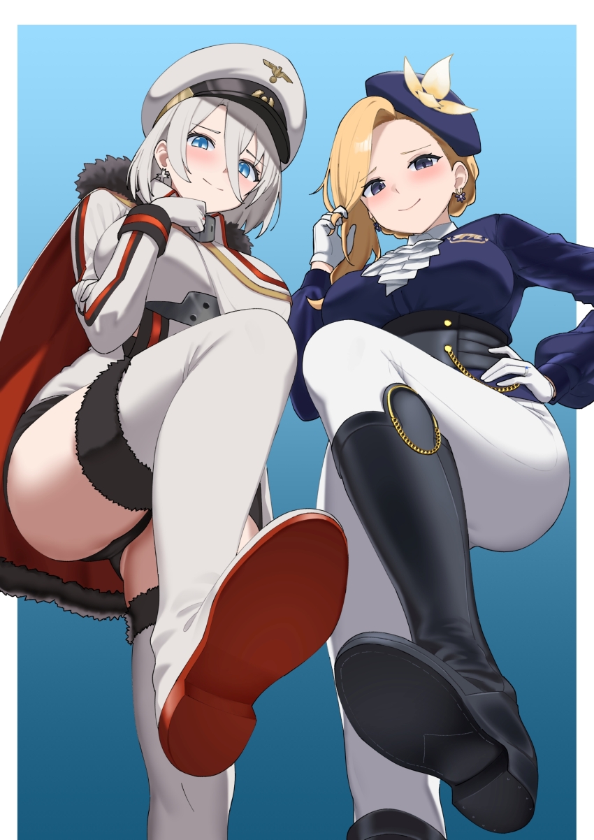 2girls absurdres arm_under_breasts azur_lane black_boots black_panties blonde_hair blue_background blue_eyes blue_hat blush boots border breasts cape commentary commission dress earrings english_commentary fur-trimmed_boots fur-trimmed_cape fur_trim gloves gradient_background hair_between_eyes hand_on_own_chin hand_on_own_hip hat highres hood_(azur_lane) hood_(gentlewoman_and_stallion)_(azur_lane) jacket jewelry large_breasts long_hair long_sleeves looking_at_viewer military_uniform multiple_girls panties pants parallelrey peaked_cap riding_boots riding_outfit shoe_soles short_hair smile standing tanaka_atsuko tirpitz_(azur_lane) underwear voice_actor_connection white_boots white_border white_cape white_gloves white_hair white_hat white_pants