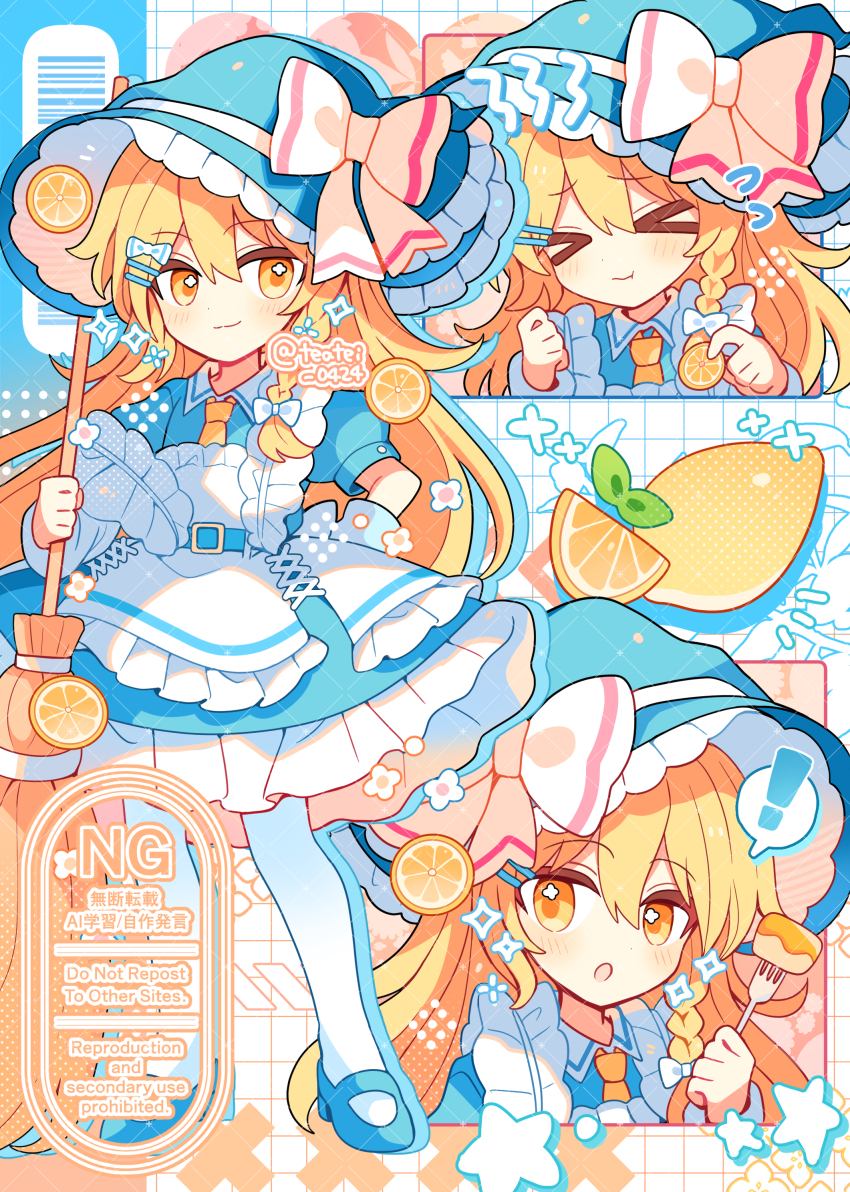 ! &gt;_&lt; 1girl :3 :o absurdres blonde_hair blue_dress blue_hat blue_shoes blush bow broom closed_eyes closed_mouth collared_dress commentary contrast_collar dress flying_sweatdrops food fork frilled_dress frilled_hat frills fruit full_body hair_between_eyes hair_bow hat hat_bow highres holding holding_broom holding_fork kirisame_marisa lemon long_hair looking_at_viewer multiple_views necktie open_mouth pantyhose shirocha_tei shoes short_sleeves smile spoken_exclamation_mark standing touhou twitter_username watermark white_bow white_pantyhose yellow_eyes yellow_necktie