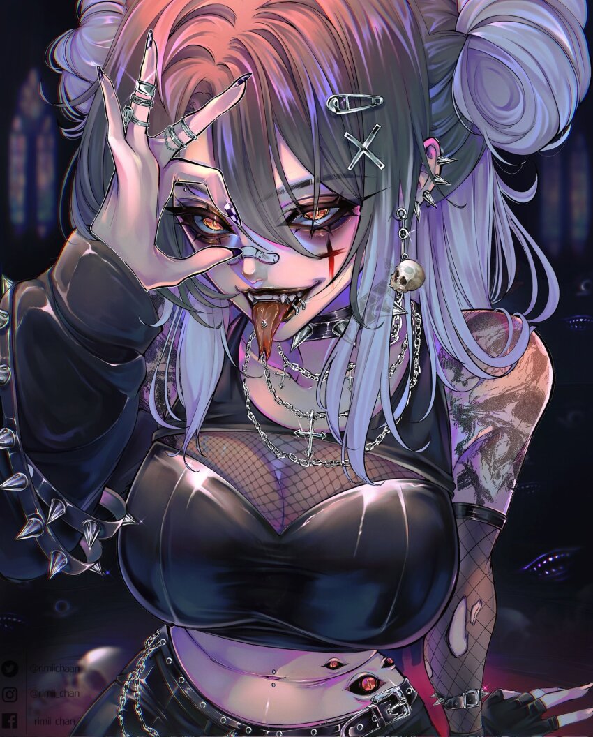 1girl bandage_on_face bandages belt black_eyeshadow black_hair black_lips black_nails bracelet breasts choker double_bun earrings eyeshadow face_piercing fang fangs fingerless_gloves fishnet_fabric fishnet_gloves fishnet_sleeves fishnets forked_tongue gloves hair_bun hair_ornament hairpin highres jewelry large_breasts lip_piercing lipstick looking_at_viewer makeup medium_hair midriff multicolored_hair multiple_hairpins multiple_rings nail_polish navel_piercing orange_eyes original piercing purple_hair rimii ring single_sleeve solo spiked_bracelet spiked_choker spikes tank_top tongue tongue_out tongue_piercing