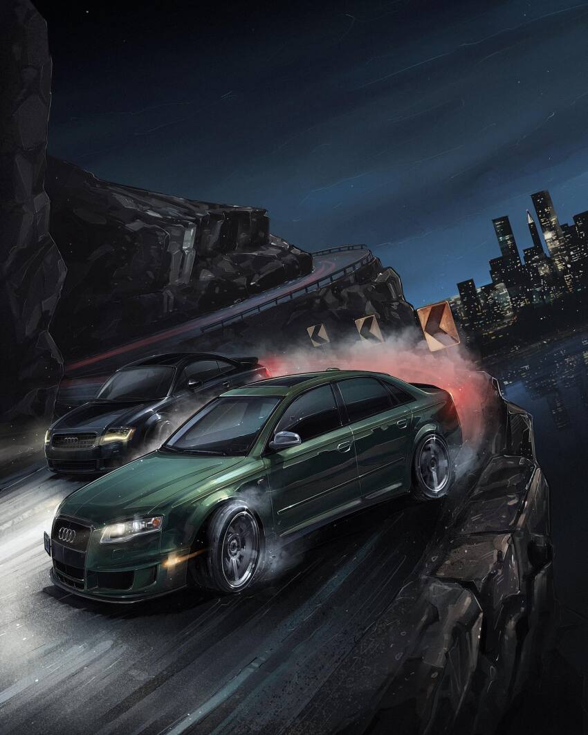 andrew_mytro audi audi_s4 audi_tt canyon car city commentary commission derivative_work drifting english_commentary glowing highres making-of_available motor_vehicle need_for_speed need_for_speed:_carbon night night_sky no_humans original parody sky smoke vehicle_focus video_game_cover_redraw