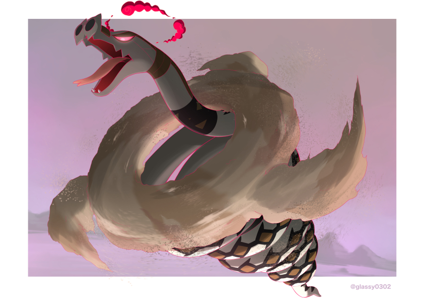 absurdres animal_focus artist_name colored_sclera dynamax fangs foreshortening full_body gen_8_pokemon giant gigantamax gigantamax_sandaconda glassy0302 glowing glowing_eyes green_eyes highres nintendo no_humans open_mouth pokemon pokemon_(creature) sand sandaconda shaded_face simple_background snake solo twitter_username wind