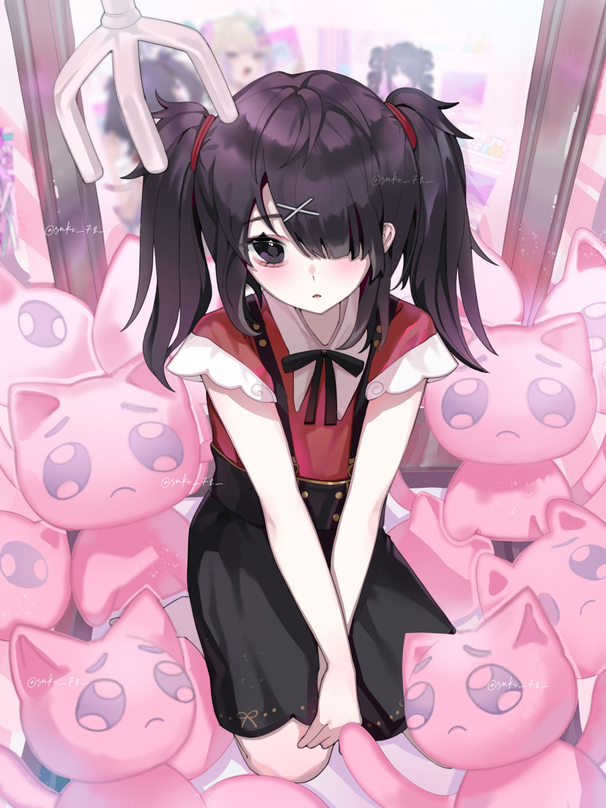 1girl absurdres ame-chan_(needy_girl_overdose) artist_name black_eyes black_hair black_ribbon black_skirt cat chouzetsusaikawa_tenshi-chan closed_mouth collared_shirt commentary crane_game emoji english_commentary full_body hair_ornament hair_over_one_eye highres in_crane_game jirai_kei long_hair looking_at_viewer neck_ribbon needy_girl_overdose pien_cat_(needy_girl_overdose) pleading_face_emoji red_shirt ribbon shirt signature sitting skirt solo stuffed_animal stuffed_cat stuffed_toy suki_72 suspender_skirt suspenders twintails x_hair_ornament