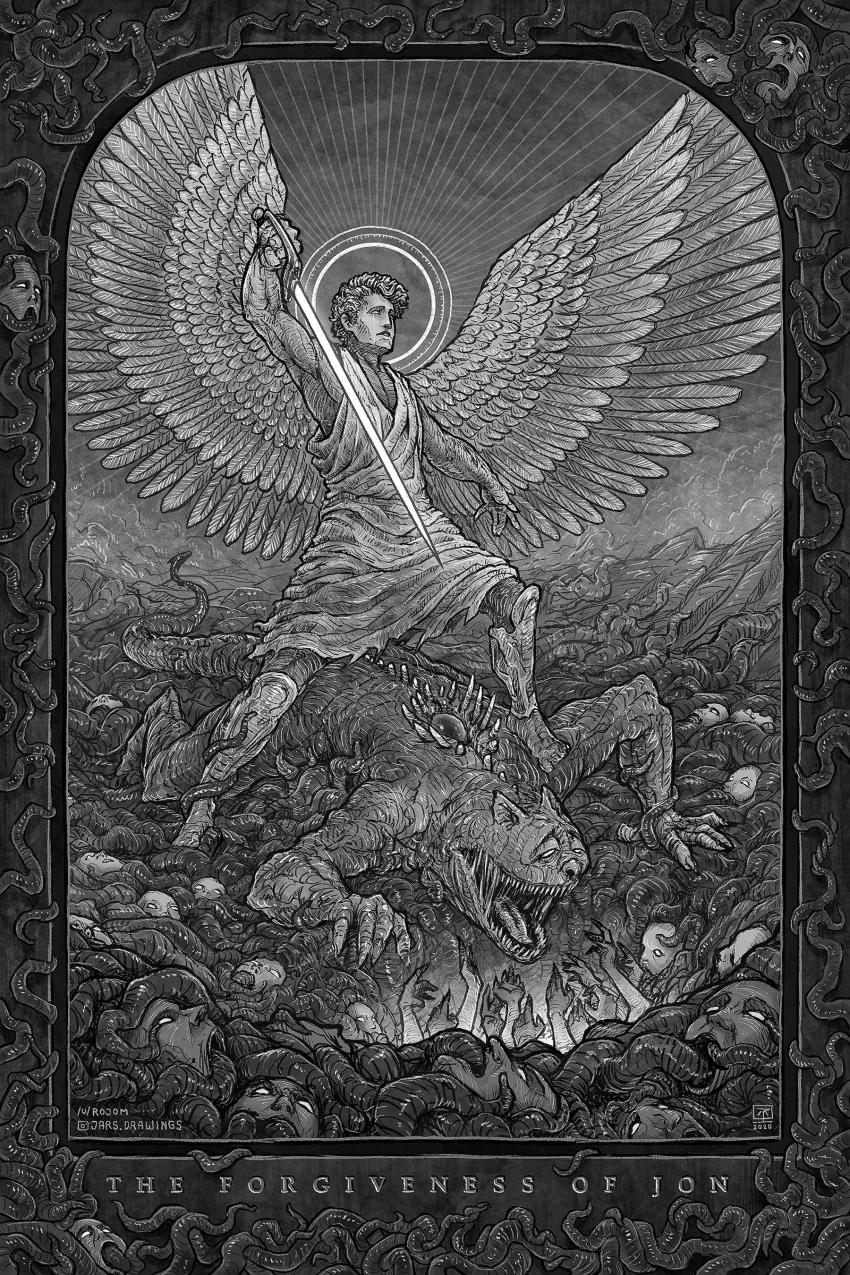 1boy absurdres angel_wings animal_ears cat_ears commentary crying cthulhu_mythos dress eldritch_abomination english_commentary english_text full_body garfield garfield_(character) halo highres holding holding_sword holding_weapon jon_arbuckle jr_(jarsarts) male_focus monochrome muscular muscular_male sharp_teeth short_hair sleeveless sleeveless_dress sword teeth tentacles weapon wings