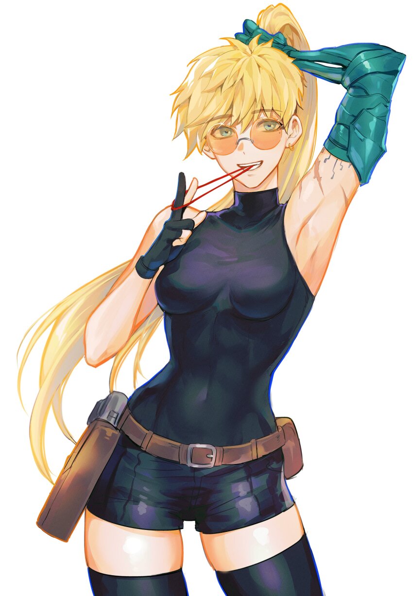 1girl absurdres agl_arms_.45_long_colt arm_up armpits belt_pouch black_gloves black_shorts black_thighhighs blonde_hair blue_eyes break-action_revolver breasts covered_navel cowboy_shot earrings genderswap genderswap_(mtf) glasses gloves grin gun hair_tie hair_tie_in_mouth handgun highres holding holding_own_hair holstered jewelry long_hair looking_at_viewer low_bore_axis_revolver medium_breasts mole mole_under_eye mouth_hold no_coat orange-tinted_eyewear partially_fingerless_gloves ponytail pouch prosthesis prosthetic_arm raku7560 revolver scar scar_on_arm scar_on_shoulder scar_on_shoulders shirt shorts simple_background single_earring single_glove skin_tight skindentation sleeveless sleeveless_turtleneck smile solo sunglasses thighhighs tight_clothes tight_shirt tinted_eyewear toned trigun trigun_stampede turtleneck tying_hair vash_the_stampede weapon white_background