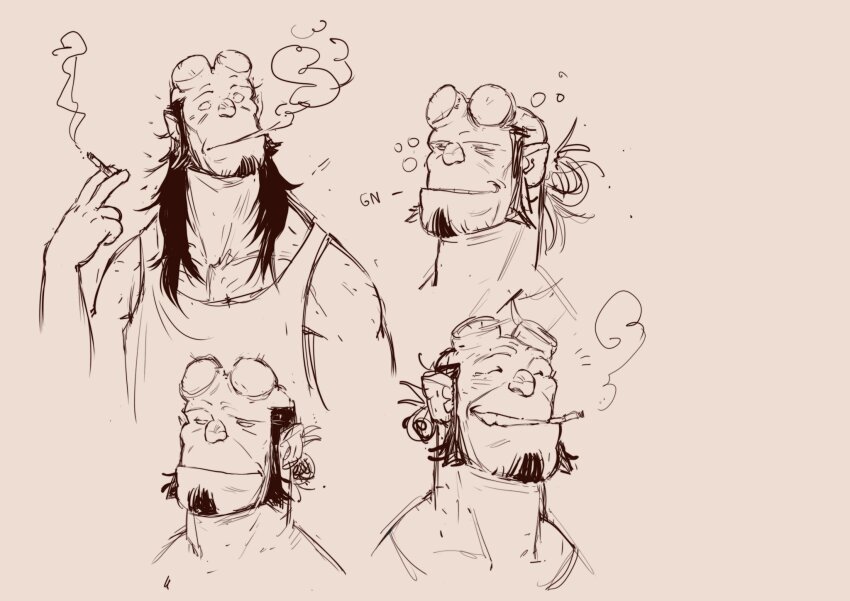 1boy adam&#039;s_apple bara broken_horn cropped_head demon_boy multiple_expressions greyscale happy_aura hellboy hellboy_(comic) highres horns long_hair male_focus mature_male monochrome pectoral_cleavage pectorals smile smirk smoking sparse_chest_hair tank_top toned urlututu