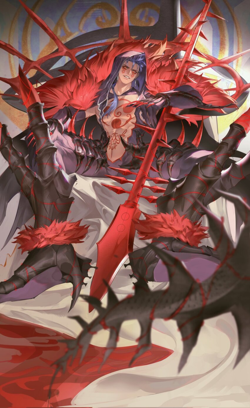 1boy abs black_gloves black_pants blue_hair bodypaint cape claws cu_chulainn_(fate) cu_chulainn_alter_(fate) cu_chulainn_alter_(third_ascension)_(fate) dark_blue_hair dark_persona detached_hood earrings elbow_gloves facepaint fate/grand_order fate_(series) fur-trimmed_cape fur_trim gae_bolg_(fate) gloves grin highres holding holding_polearm holding_weapon hood hood_up jewelry light_led001 long_hair male_focus monster_boy muscular muscular_male navel pants pectorals polearm ponytail red_eyes sharp_teeth skin_tight smile solo spikes tail teeth topless_male weapon