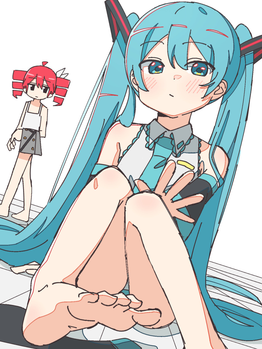 2girls aqua_eyes aqua_hair auhuheben17 barefoot blush detached_sleeves hair_between_eyes hair_ornament hatsune_miku highres kasane_teto looking_at_viewer multiple_girls necktie sitting twintails vocaloid walking