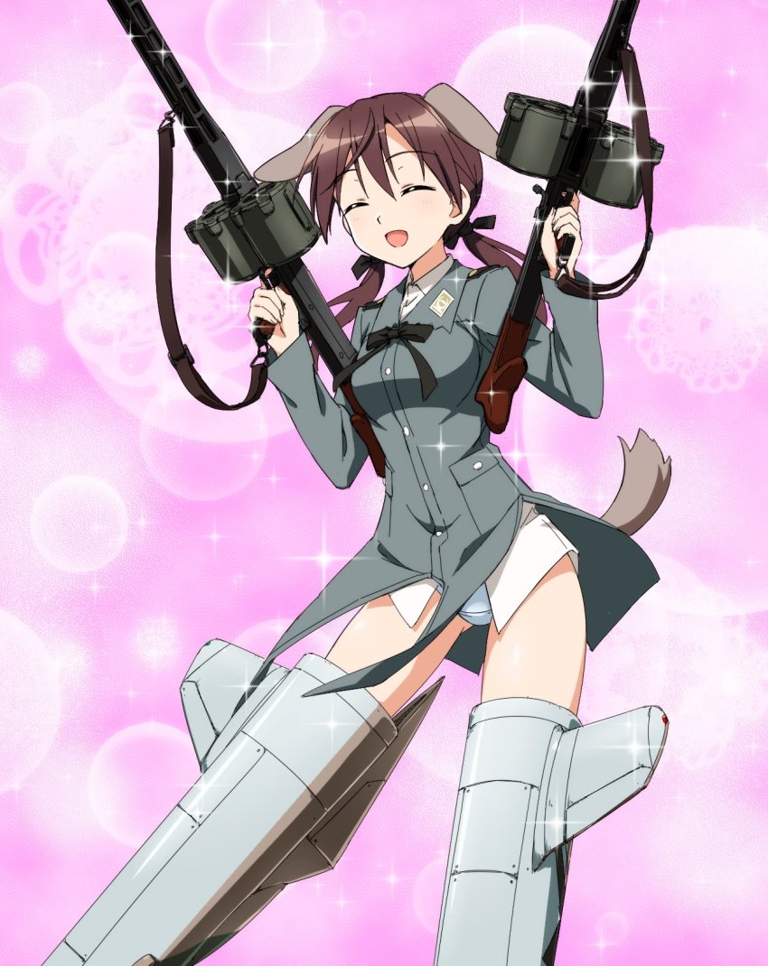 1girl animal_ears black_ribbon blue_panties brown_hair closed_eyes commentary_request crotch_seam dog_ears dog_tail double-drum_magazine dress_shirt drum_magazine dual_drum_magazine dual_wielding facing_viewer floating gertrud_barkhorn grey_jacket gun hair_ribbon high-capacity_magazine highres holding holding_gun holding_weapon jacket long_hair long_sleeves low_twintails machine_gun magazine_(weapon) mg42 military military_uniform neck_ribbon no_pants open_mouth panties purple_background ribbon saddle-drum sakakibara_taiga shirt smile solo sparkle strike_witches striker_unit tail twintails underwear weapon white_shirt world_witches_series