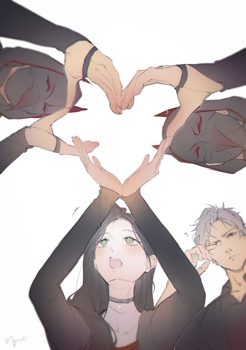 ? bird_mask blush brown_hair choker closed_mouth eyelashes green_eyes heart heart_hands heart_hands_failure heart_hands_trio highres hood hood_up kieran_(love_and_deepspace) long_hair long_sleeves love_and_deepspace luke_(love_and_deepspace) mask ng_ai0 open_mouth parted_bangs protagonist_(love_and_deepspace) red_eyes short_hair sylus_(love_and_deepspace) upper_body white_background white_hair