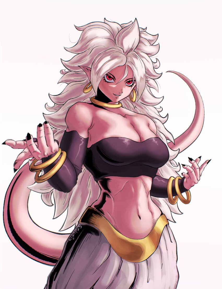 1girl absurdres android_21 bare_shoulders black_tube_top breasts collarbone colored_skin cowboy_shot dragon_ball dragon_ball_fighterz earrings eyelashes grey_hair harem_pants highres hoop_earrings jewelry large_breasts long_hair majin_android_21 medium_breasts midriff navel pants pink_skin pink_tail pointy_ears red_eyes simple_background smile solo strapless sydoria tube_top white_background