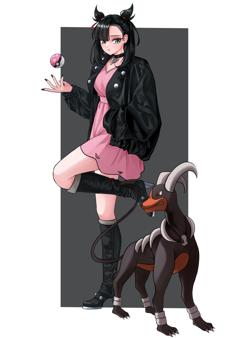 1girl absurdres asymmetrical_bangs black_boots black_choker black_hair black_jacket black_nails boots border choker dog dorosi033 dress full_body gen_2_pokemon green_eyes hand_in_pocket highres houndoom jacket knee_boots looking_at_viewer love_ball marnie_(pokemon) nintendo pink_dress poke_ball pokemon pokemon_(creature) pokemon_swsh simple_background standing standing_on_one_leg twintails undercut white_border