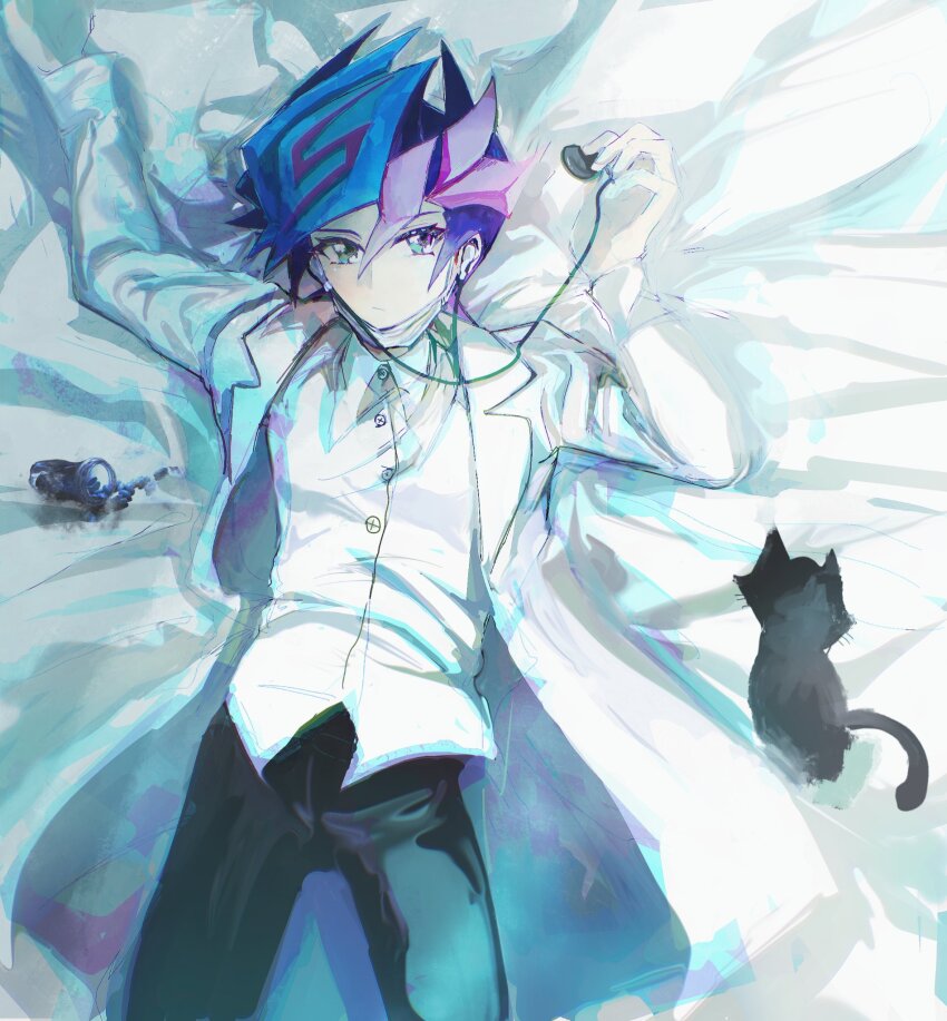 1boy bed_sheet black_hair black_pants cat coat colored_bangs dappled_sunlight dress_shirt earphones facing_viewer fujiki_yusaku green_eyes highres holding holding_earphones indoors lab_coat listening_to_music looking_to_the_side lying male_focus on_back on_bed open_clothes open_coat outstretched_arms pants screen0624 shirt spiked_hair sunlight untucked_shirt white_coat white_shirt yu-gi-oh! yu-gi-oh!_vrains