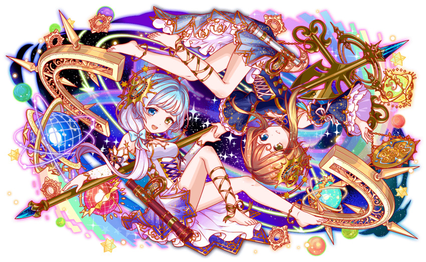 2girls adapted_costume alternate_costume anime_coloring anklet aqua_bow aqua_eyes aqua_hair armpit_crease artist_request bare_shoulders barefoot black_ribbon blonde_hair blue_collar blue_dress blue_outline blue_sleeves bow breasts cleavage closed_mouth collar colored_tips crash_fever cross-laced_clothes cross-laced_dress cross-laced_legwear detached_collar detached_sleeves dress dress_bow frilled_sleeves frills full_body galilei_(crash_fever) galileo_(crash_fever) game_cg gears gold_anklet gold_trim gradient_clothes gradient_dress gradient_hair green_outline hair_bow hair_ornament heterochromia high-low_dress holding_hands jewelry layered_sleeves light_blush light_brown_hair long_hair long_sidelocks long_sleeves looking_at_viewer mandarin_collar medium_breasts multicolored_hair multiple_girls neck_ribbon number_print numbered octagram official_alternate_costume official_art open_mouth outline oversized_object petticoat planet print_dress print_sleeves rainbow red_outline ribbon short_dress short_hair short_hair_with_long_locks side_ponytail sidelocks single_bare_leg skinny sleeve_ribbon space sparkle square square_print staff star_(sky) star_(symbol) star_ornament star_print tachi-e teeth telescope thighhighs third-party_source toenails toes transparent_background two-sided_collar two-tone_hair upper_teeth_only upside-down very_long_hair white_collar white_dress white_hair white_outline white_petticoat white_ribbon white_sleeves wide_sleeves yellow_bow yellow_eyes yellow_outline yellow_ribbon zettai_ryouiki