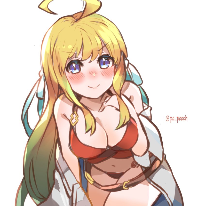 1girl ahoge alternate_costume bare_shoulders belt blonde_hair blue_eyes blush breasts cleavage commentary_request cosplay cygames dragalia_lost hair_ribbon hand_on_own_chest highres jacket leaning_forward long_hair looking_at_viewer medium_breasts navel nintendo nose_blush po_pooch ribbon sinoa sinoa_(cosplay) smile solo swimsuit twitter_username white_background zethia