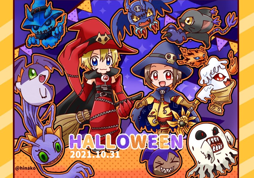 1boy 1girl bakemon blacktailmon candmon cosplay crossdressing digimon ghostmon halloween halloween_costume hat keramon picodevimon takaishi_takeru tukaimon witchmon witchmon_(cosplay) wizarmon wizarmon_(cosplay) yagami_hikari yarmon