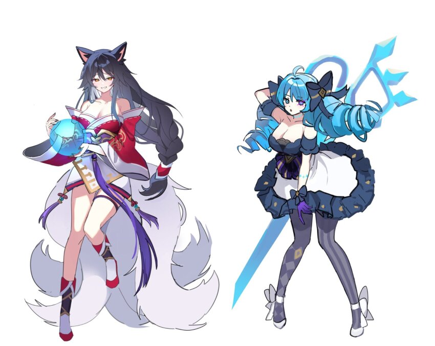 2girls ahoge ahri_(league_of_legends) alternate_costume animal_ears ball bare_shoulders black_bow black_hair blush bow breasts cleavage detached_sleeves drill_hair fox_ears fox_girl fox_tail green_hair grey_pantyhose grin gwen_(league_of_legends) hair_bow highres holding holding_scissors kitsune kyuubi large_breasts league_of_legends magic multiple_girls multiple_tails oversized_object pantyhose pelicana puffy_short_sleeves puffy_sleeves scissors shoes short_sleeves smile standing tail teeth twin_drills twintails