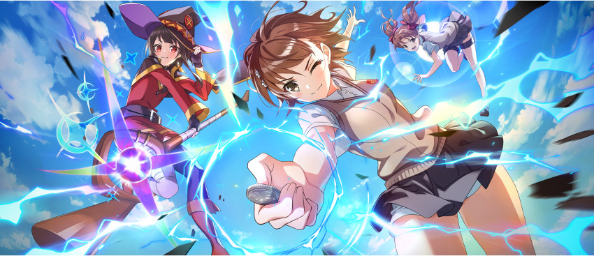 3girls ;) armband asymmetrical_bangs bandaged_leg bandages belt belt_buckle belt_collar black_cloak black_gloves black_hat black_thighhighs blue_sky boots bow breasts brown_belt brown_boots brown_eyes brown_hair brown_sweater_vest buckle casting_spell cloak closed_mouth cloud cloudy_sky coin collar collared_shirt crossover day dress dress_shirt electricity electrokinesis emblem fingerless_gloves fold-over_boots from_below game_cg gloves green_armband grey_skirt hair_behind_ear hair_between_eyes hair_bow hair_ornament hairpin hand_on_headwear hat highres holding holding_coin holding_staff holster judgement_armband_(toaru) knee_boots kono_subarashii_sekai_ni_shukufuku_wo! konosuba!_fantastic_days leg_up light_blush loafers long_hair long_sleeves looking_at_viewer looking_down mage_staff magic medium_breasts medium_hair megumin midair miniskirt misaka_mikoto multiple_girls official_art one_eye_closed open_mouth outdoors outstretched_arms parted_bangs pleated_skirt railgun_(misaka_mikoto) reaching reaching_towards_viewer red_bow red_dress red_eyes school_emblem school_uniform shade shirai_kuroko shirt shoes short_dress short_hair short_hair_with_long_locks short_shorts short_sleeves shorts shorts_under_skirt sidelocks single_thighhigh skirt sky small_breasts smile socks staff summer_uniform sun sweater_vest thigh_holster thighhighs thighs toaru_kagaku_no_railgun toaru_majutsu_no_index tokiwadai_school_uniform twintails v-neck v-shaped_eyebrows white_shirt white_shorts white_socks witch_hat