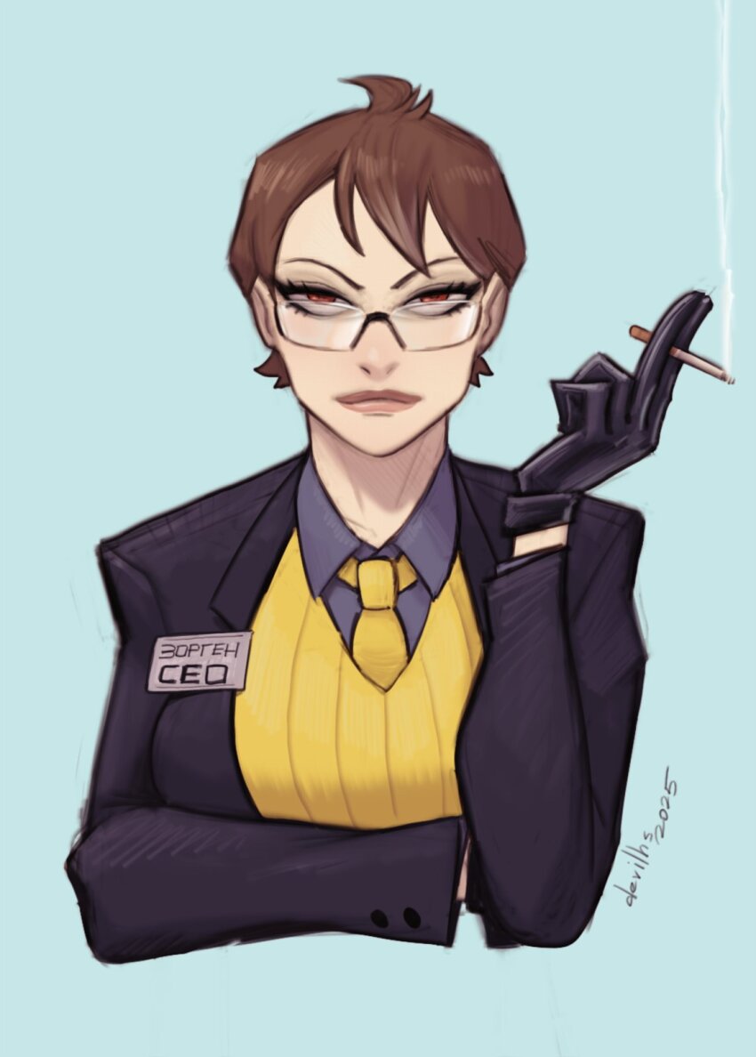 1girl black_gloves black_jacket blue_background blue_shirt brown_eyes brown_hair cigarette collared_shirt copyright_request devilhs glasses gloves highres holding holding_cigarette jacket looking_at_viewer necktie open_clothes open_jacket shirt short_hair signature simple_background solo vest yellow_necktie yellow_vest