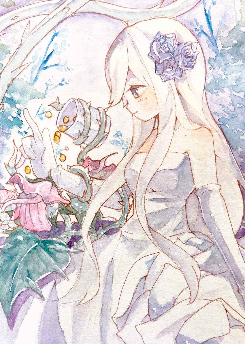 1girl bare_shoulders black_eyes black_flower black_rose blush breasts closed_mouth collarbone dress duel_monster elbow_gloves flower from_side garden_rose_maiden gloves hair_flower hair_ornament highres long_hair medium_breasts plant rose simple_background sleeveless sleeveless_dress smile solo vines white_background white_dress white_gloves white_hair winegrapeivy yu-gi-oh!