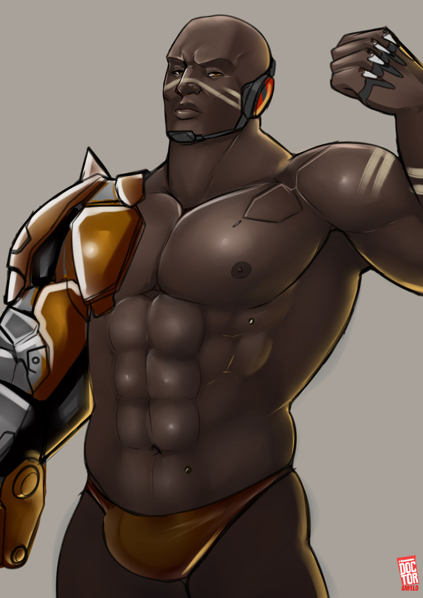 1boy 2017 abs bara bodypaint bulge covered_erect_nipples cybernetic dark-skinned_male dark_skin doctor_anfelo facepaint flexing highres male_focus male_swimwear mechanical_arms muscular muscular_male nipples overwatch signature simple_background single_mechanical_arm yellow_male_swimwear