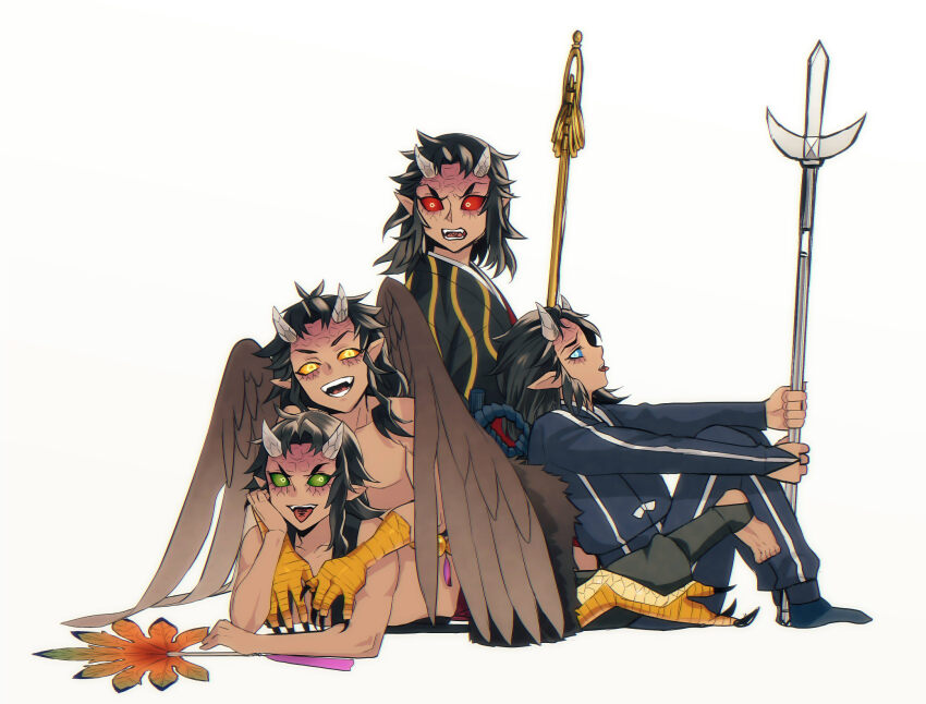 4boys aizetsu_(kimetsu_no_yaiba) animal_feet animal_hands beads bird_wings black_kimono bridal_gauntlets brown_hair brown_wings claws colored_sclera demon_boy digitigrade fangs feathered_wings full_body green_eyes green_sclera grey_horns hand_fan hand_on_own_cheek hand_on_own_face harpy_boy head_rest highres holding holding_polearm holding_staff holding_weapon horns japanese_clothes juumonji_yari karaku_(kimetsu_no_yaiba) kimetsu_no_yaiba kimono leaning_on_person long_hair long_sleeves looking_at_another looking_at_viewer lying lying_on_person male_focus medium_hair monster_boy multiple_boys narihira_hira no_shirt on_stomach open_mouth paper_fan partisan_(weapon) pointy_ears polearm red_eyes red_sclera sekido_(kimetsu_no_yaiba) shakujou sidelocks simple_background sitting staff talons tassel text_in_eyes text_in_mouth tongue tongue_out topless_male urogi_(kimetsu_no_yaiba) veins weapon white_background wings yari yellow_eyes yellow_sclera