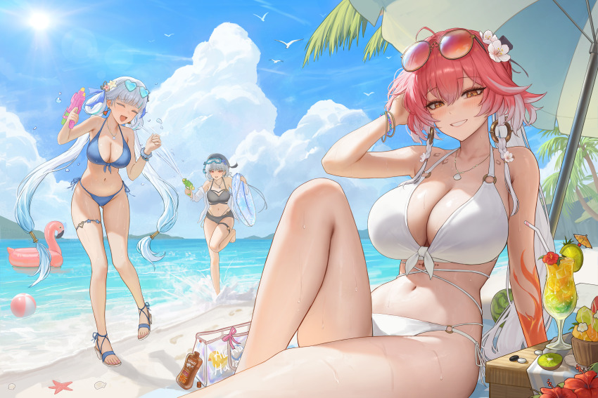 3girls :d ^_^ absurdres alternate_costume beach bikini blue_bikini blue_sky breasts brown_eyes changli_(wuthering_waves) cleavage closed_eyes cloud commentary_request cup day eyewear_on_head flower grey_hair hair_flower hair_ornament heine_(haloo1101) highres holding holding_water_gun huge_breasts jewelry jinhsi_(wuthering_waves) large_breasts long_hair looking_at_viewer lotion_bottle low_twintails multicolored_hair multiple_girls navel necklace ocean open_mouth outdoors parasol pink_hair running sandals sanhua_(wuthering_waves) sitting sky smile sunglasses sweat swimsuit tacet_mark_(wuthering_waves) thighs twintails two-tone_hair umbrella water_gun white_flower white_hair wuthering_waves