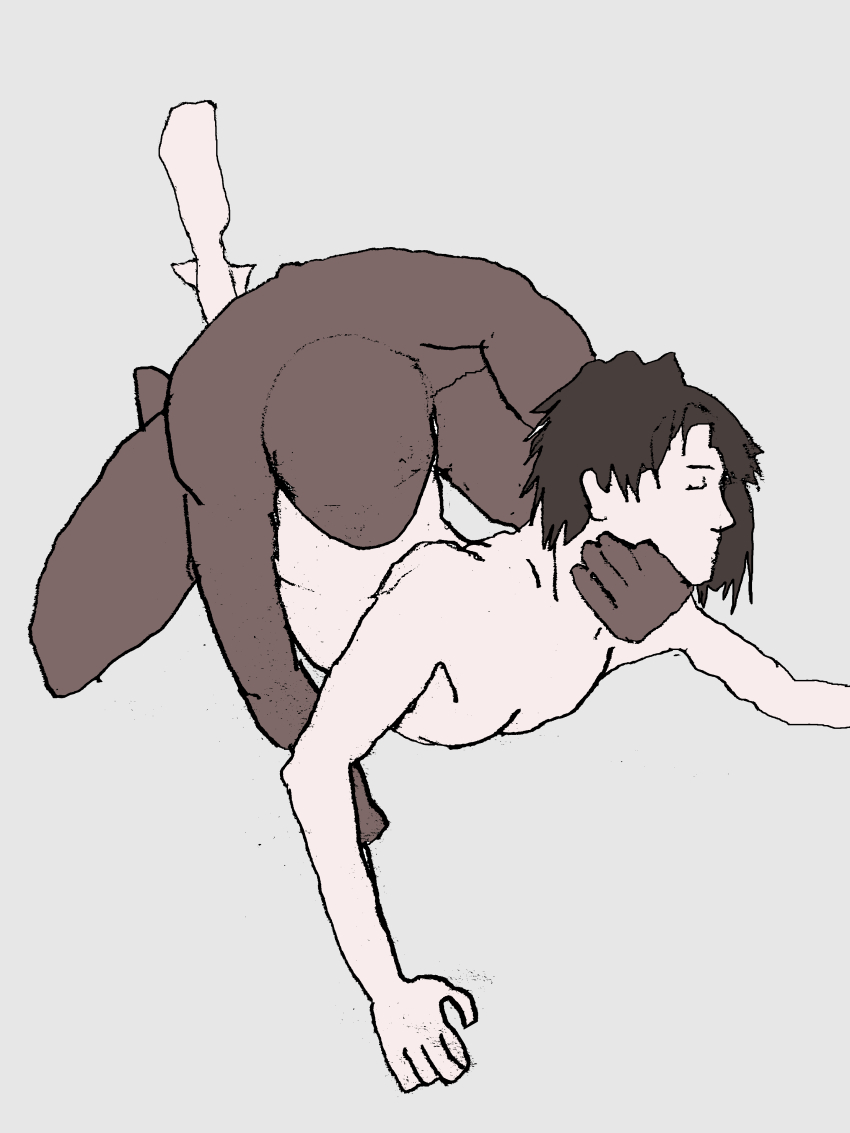 absurdres anal blacked_(phrase) brown_hair deep_penetration defeat fucked_silly grabbing_from_behind highres interracial lying neck_grab non-web_source on_stomach pale_skin paleboy rape rough_sex sex size_difference skinny