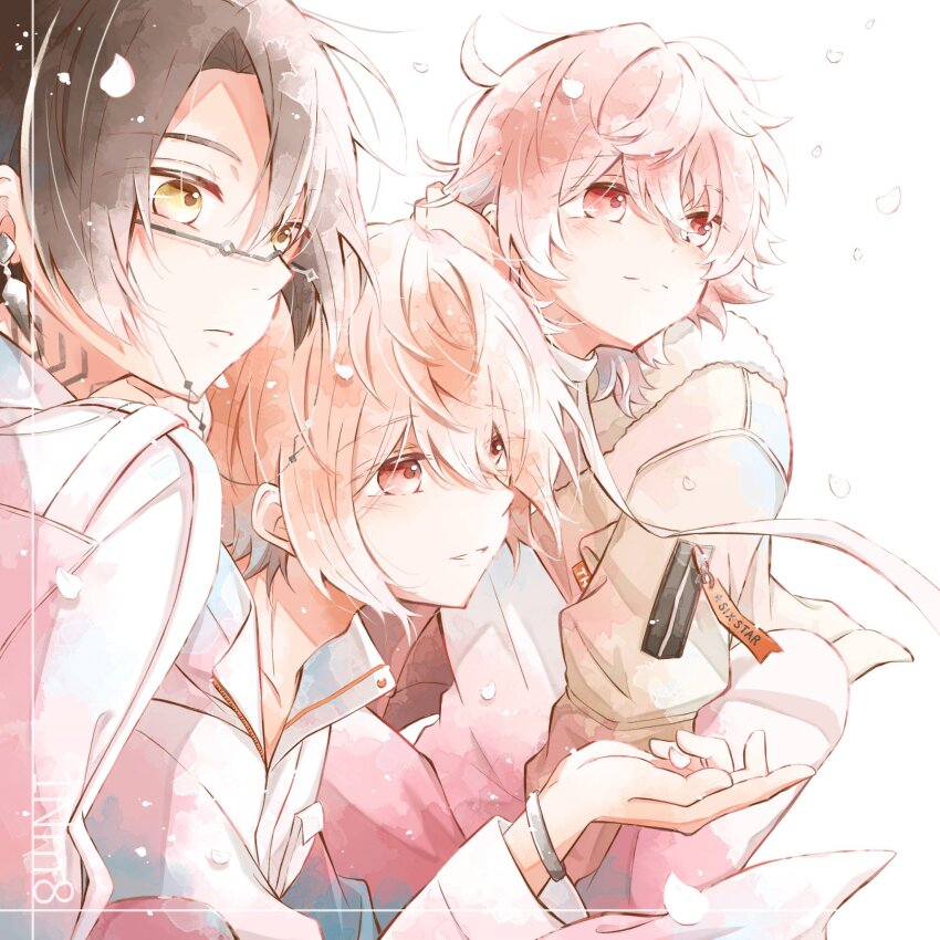 1nm8_(paradox_live) 3boys black_hair closed_mouth expressionless facing_to_the_side glasses grey_hair hari_nyan_nyan highres itsuki_(paradox_live) looking_ahead male_focus miyama_kei multicolored_hair multiple_boys orange_hair paradox_live pink_eyes pink_hair rokuta_(paradox_live) smile teeth yellow_eyes