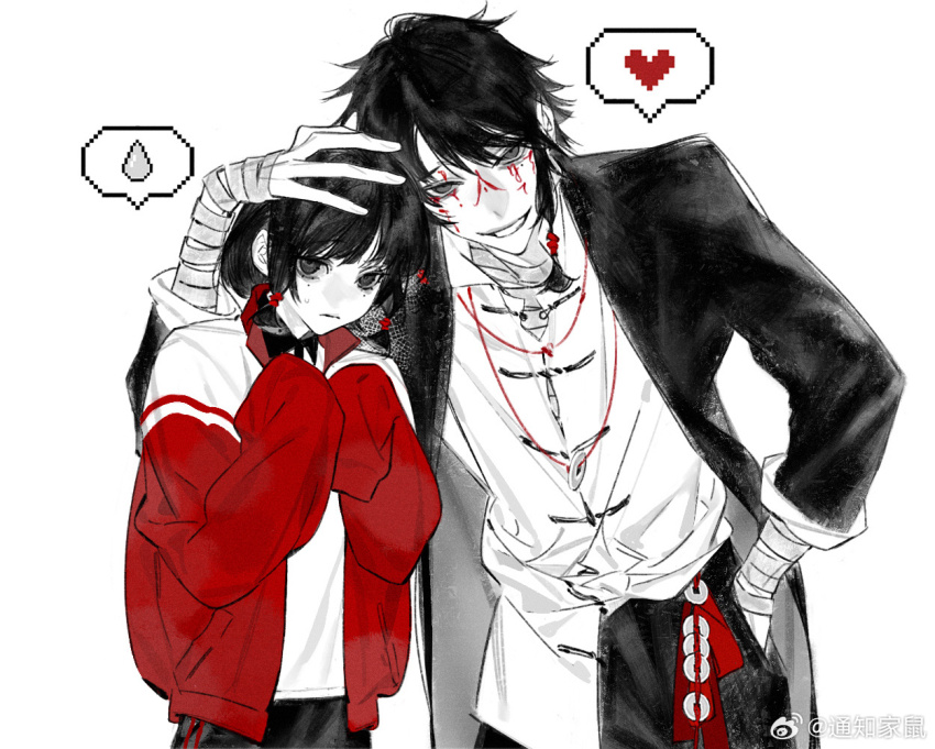1boy 1girl bandages black_hair black_jacket collared_shirt grin jacket li_yuting_(female) long_sleeves mole mole_under_eye open_clothes open_jacket shirt short_hair simple_background smile tongzhi_jiashu touqi_guaitan white_shirt ziche_fuzhao