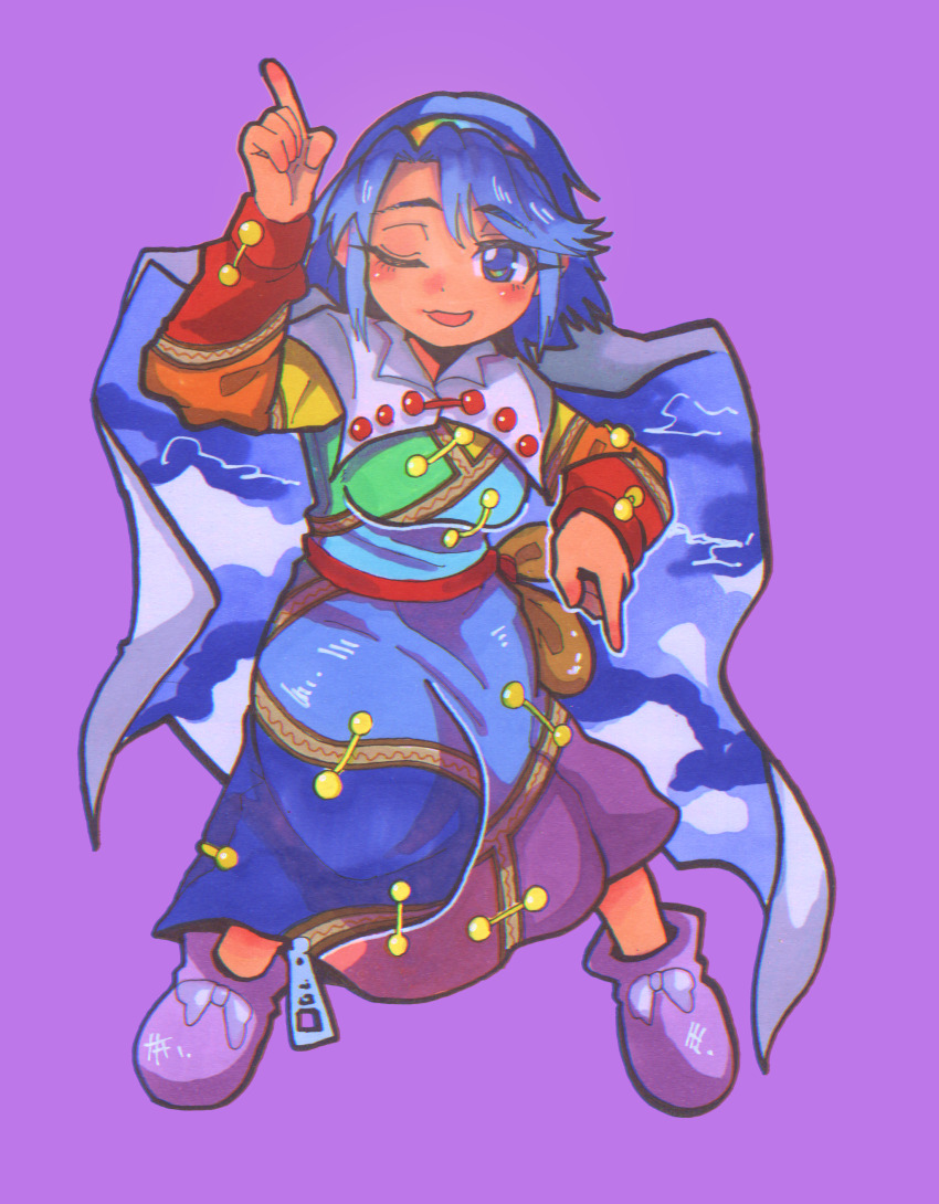 1girl :d absurdres belt_pouch blue_eyes blue_hair blush bow cape commentary commentary_request dot_nose dress footwear_bow hairband highres index_finger_raised inuyama_konan multicolored_hairband one_eye_closed open_mouth patchwork_clothes pouch purple_background purple_shoes rainbow_gradient shoes short_hair simple_background sky_print smile solo tenkyuu_chimata tenkyuu_chimata_pose touhou zipper zun_pose