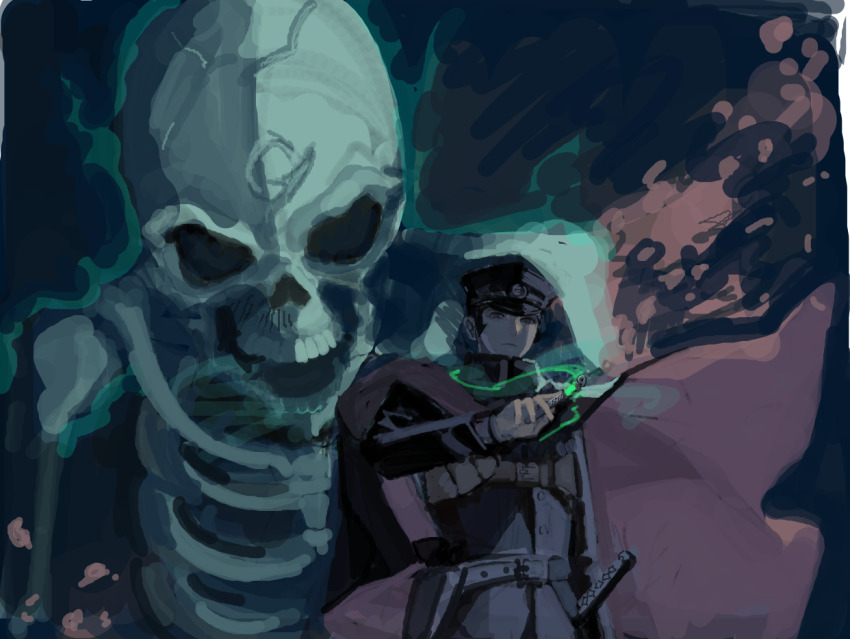 belt black_cape black_headwear cape chest_harness dark_background devil_summoner gakuran gashadokuro giant giant_monster green_light grey_eyes harness hat hilt holster kuzunoha_raidou morimiya_(kuroro) peaked_cap purple_cape school_uniform shin_megami_tensei sideburns skeleton sword tube weapon