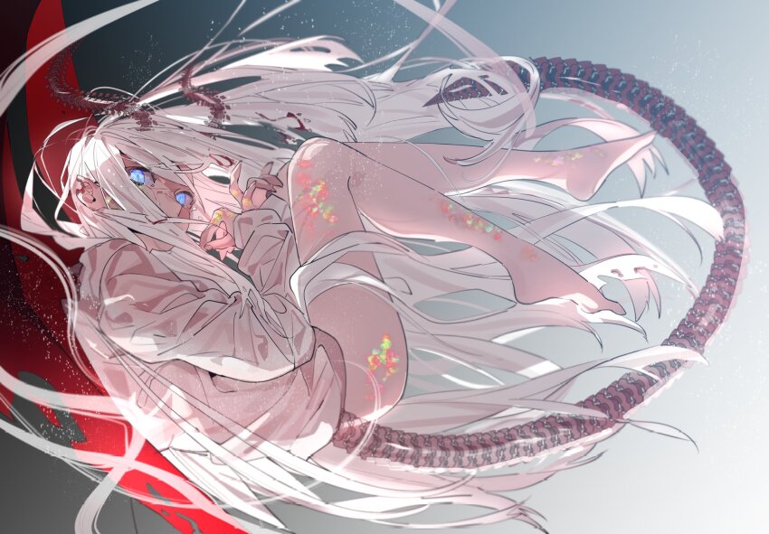 1girl barefoot blood blood_in_hair blue_eyes bone_tail bottomless breaking broken_horn covered_mouth crying curled_horns cuts demon_girl demon_horns demon_tail demon_wings fetal_position from_side full_body gradient_background hair_spread_out highres horns injury legs light_particles lighthouse_(lt_yummy) long_hair long_sleeves looking_at_viewer looking_to_the_side notched_ear original plantar_flexion red_wings scales shards shirt solo tail torn_wings very_long_hair white_hair white_shirt wings