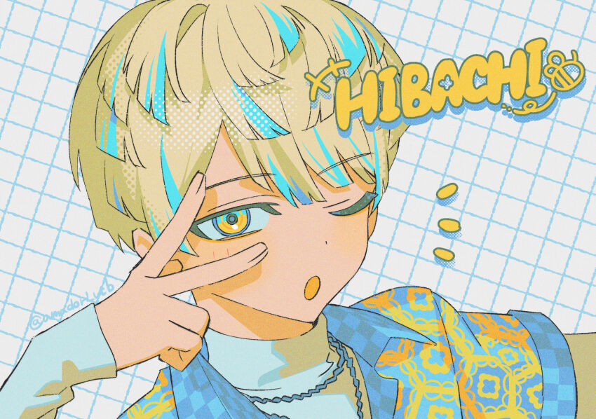 1boy :o blonde_hair blue_hair blue_jacket character_name checkered_clothes checkered_jacket colored_tips commentary_request grid_background hibachi_mana highres jacket jewelry looking_at_viewer male_focus multicolored_hair necklace nijisanji one_eye_closed patterned_clothing shirt short_hair simple_background solo torino_kawazu upper_body v v_over_eye virtual_youtuber white_background white_shirt