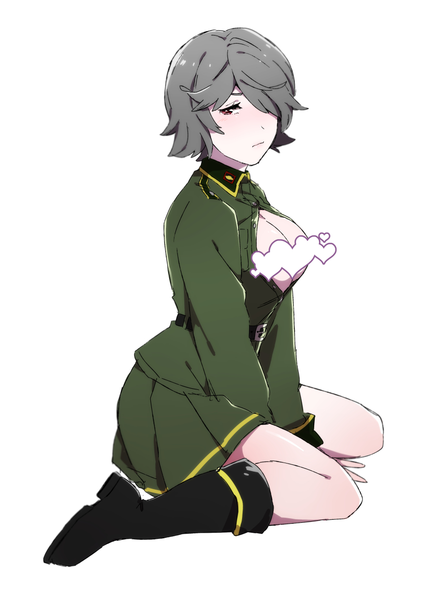 1girl absurdres belt between_legs black_boots boots breasts censored cleavage closed_mouth collared_shirt commentary_request embarrassed full_body green_jacket green_shirt green_skirt grey_hair hair_over_one_eye hand_between_legs hands_on_floor heart heart_censor highres isabella_(love_live!) jacket large_breasts long_sleeves love_live! love_live!_school_idol_festival military_jacket military_uniform nanatsu_no_umi partially_unbuttoned pleated_skirt red_eyes shirt short_hair simple_background sitting skirt solo wariza white_background