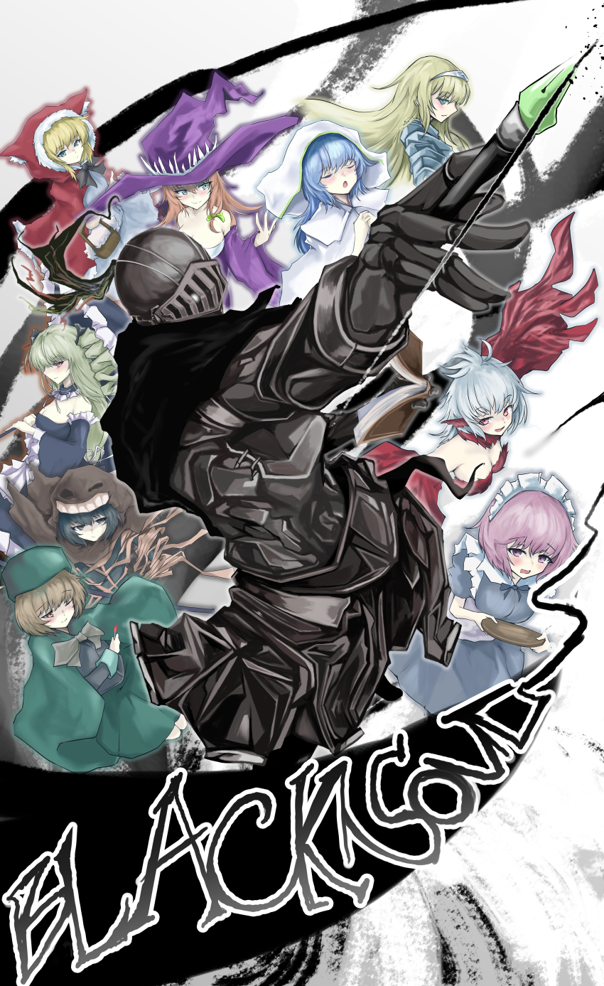 1boy 6+girls absurdres basket black_hair black_souls blonde_hair blue_hair breasts brown_hair catherine_(black_souls) cleavage commentary dorothy_(black_souls) elisabeth_(black_souls) elma_(black_souls) from_above goose_(black_souls) grimm_(black_souls) highres holding holding_basket holding_plate holding_umbrella jeanne_(black_souls) knight matches medium_breasts multiple_girls nib_pen_(object) orange_hair pen plate praying purple_hair red_hood_(black_souls) scrapiron2800 title umbrella victoria_(black_souls) white_hair