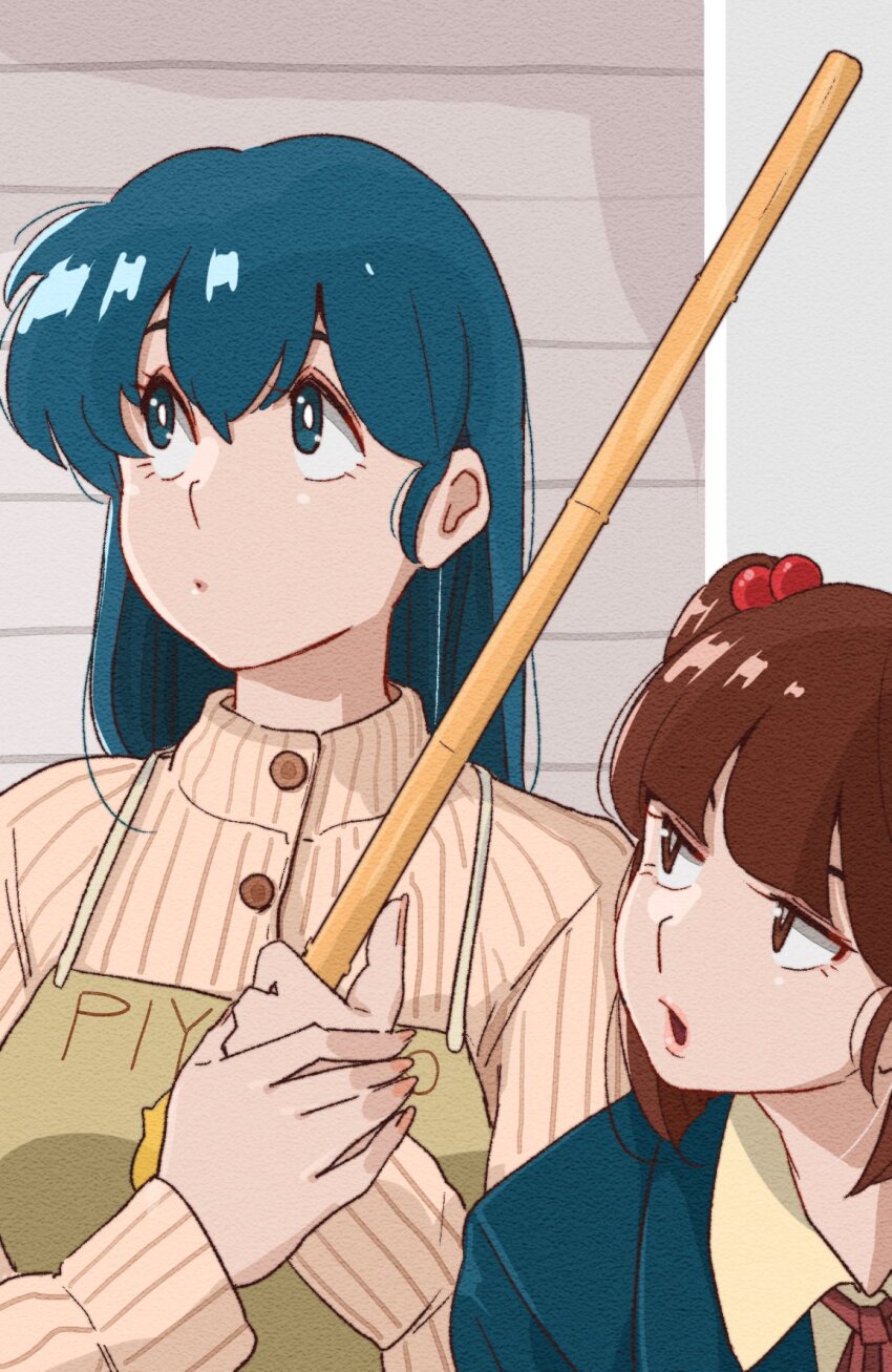 2girls against_wall apron blue_eyes blue_hair broom brown_eyes brown_hair button_dress chick_print highres holding holding_broom maison_ikkoku multiple_girls non-web_source otonashi_kyouko poppowerhearts print_apron rolling_eyes school_uniform yagami_ibuki