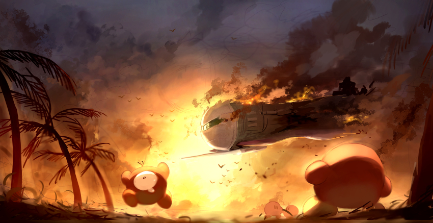 absurdres explosion fire halberd_(airship) highres kirby_(series) kirby_super_star looking_up nintendo no_humans one-eyed palm_tree shiburingaru smoke sunset tree waddle_dee waddle_doo