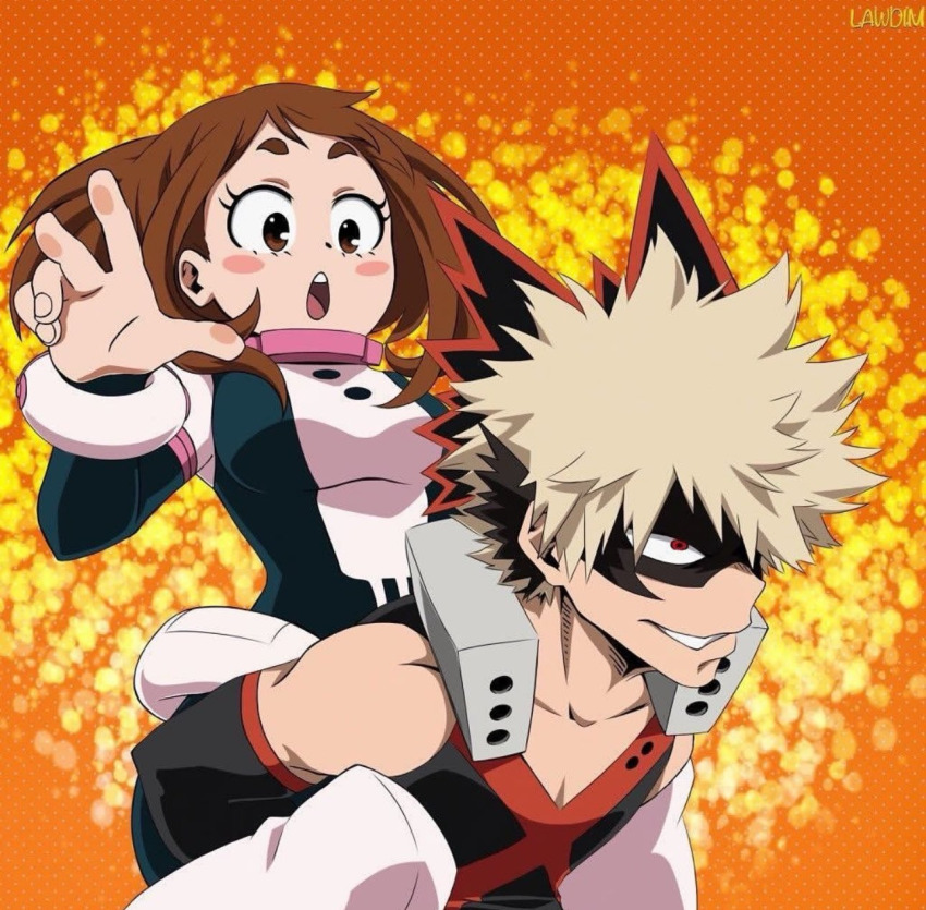 1boy 1girl bakugou_katsuki blonde_hair boku_no_hero_academia breasts brown_eyes brown_hair carrying detached_sleeves dimples eye_mask highres large_breasts lawdim medium_hair muscular muscular_male orange_background pectoral_cleavage pectorals piggyback red_eyes short_hair spiked_hair superhero_costume tank_top uraraka_ochako