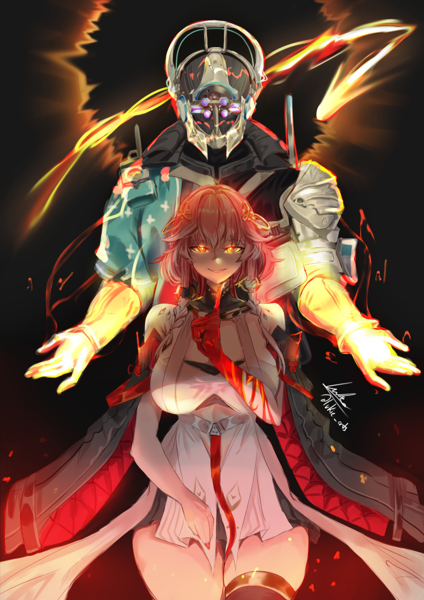 1girl 1other absurdres bare_shoulders black_collar black_sleeves body_markings braid breasts changli_(wuthering_waves) character_request collar colored_extremities commentary destiny_(game) detached_sleeves dress english_commentary glowing glowing_eyes glowing_headgear grin hair_between_eyes hair_extensions hair_ornament halterneck highres index_finger_raised large_breasts looking_at_viewer lukie_arts multicolored_hair orange_eyes outstretched_hand pink_hair red_hands ring_hair_extensions smile thigh_strap twin_braids two-tone_hair white_dress white_hair wuthering_waves
