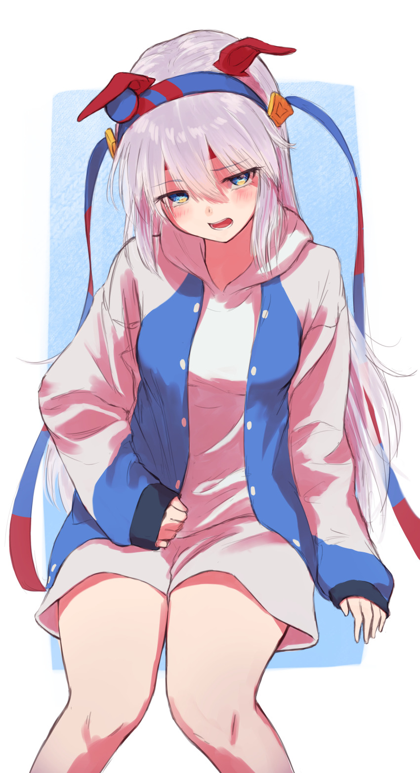 1girl absurdres alternate_costume animal_ears blue_eyes blue_jacket breasts commentary_request ear_covers ear_ornament grey_hair hairband headband highres horse_ears horse_girl horse_tail jacket long_hair long_sleeves open_clothes open_jacket open_mouth riyusan_(bamiyanhiyoyoyo) shirt shorts simple_background sitting small_breasts smile solo tail tamamo_cross_(umamusume) textless_version umamusume very_long_hair white_background white_shirt white_shorts