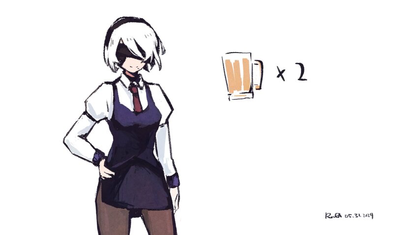 2b_(nier:automata) absurdres alcohol beer black_hairband black_pantyhose blindfold collared_shirt cosplay dated hairband hand_on_own_hip highres jill_stingray jill_stingray_(cosplay) knee_up long_sleeves nier:automata nier_(series) pantyhose pun purple_skirt purple_vest rnna shirt short_hair signature skirt va-11_hall-a vest white_hair white_shirt