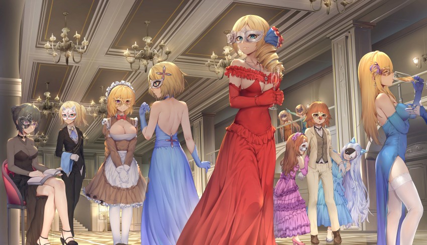 6+girls absurdres alternate_costume apron black_hair blonde_hair blue_dress blue_eyes blue_gloves blue_hair breasts brown_dress brown_eyes brown_hair butler cleavage_cutout clothing_cutout cup domino_mask dress drinking_glass elbow_gloves closed_eyes female_butler formal_clothes gloves half_mask heterochromia highres holding holding_cup indoors large_breasts le_fantasque_(warship_girls_r) long_sleeves maid maid_apron maid_headdress mask multiple_girls pants purple_eyes ray_(pixiv9514208) red_dress red_eyes red_gloves richelieu_(warship_girls_r) sitting sleeveless sleeveless_dress standing suit thighhighs waist_apron warship_girls_r white_apron white_gloves white_legwear white_pants white_suit