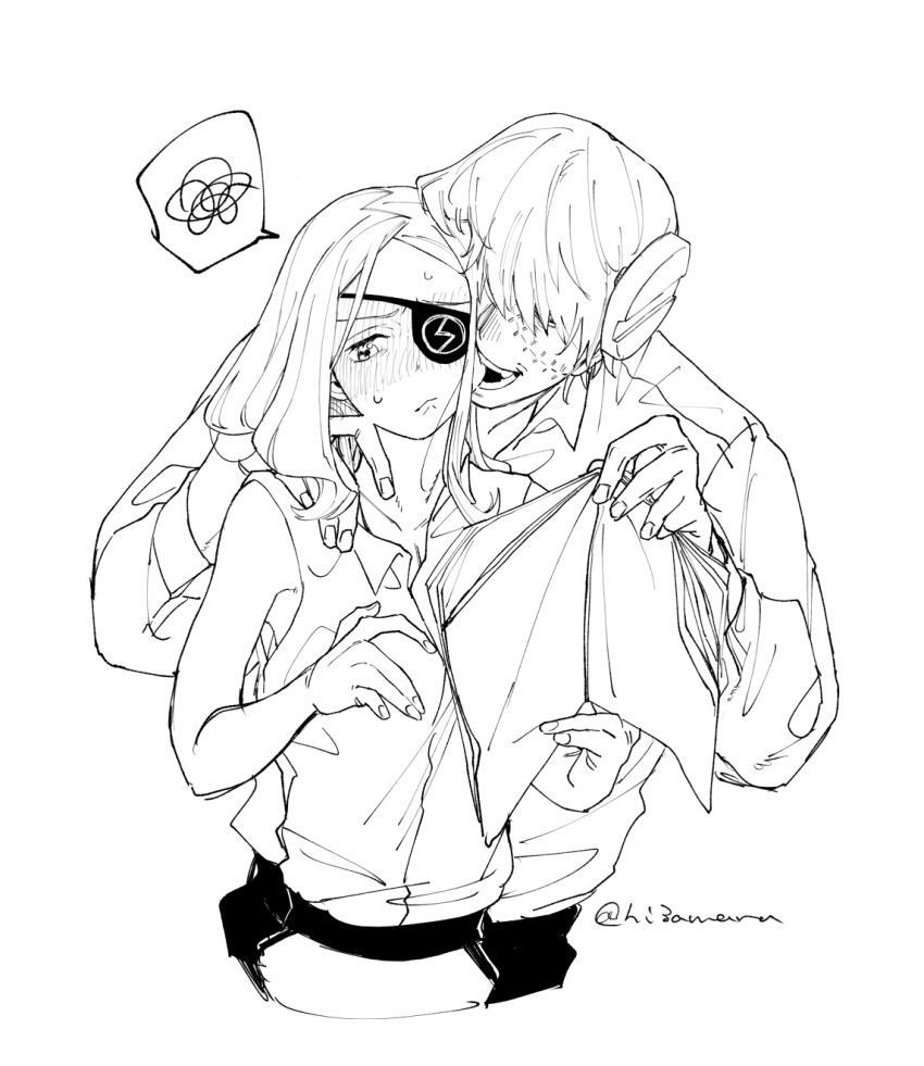 1boy 1girl biting biting_ear blush closed_mouth eyepatch franken_stein_(soul_eater) full-face_blush greyscale hand_on_another&#039;s_shoulder hetero highres hissiu holding long_hair long_sleeves looking_to_the_side marie_mjolnir monochrome shirt short_hair simple_background sleeveless sleeveless_shirt soul_eater spoken_squiggle squiggle stitched_face stitches teeth white_background